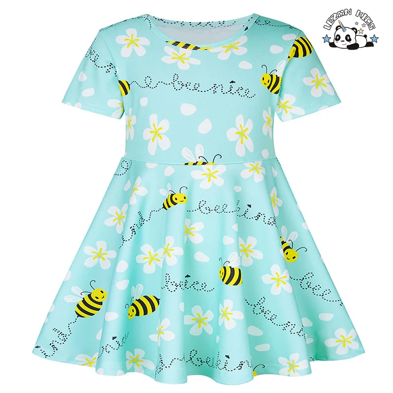 LEZONKIDS - 2024 Factory Direct Sales European American Style Printed Short Sleeve Girls Dress for Children's Clothing